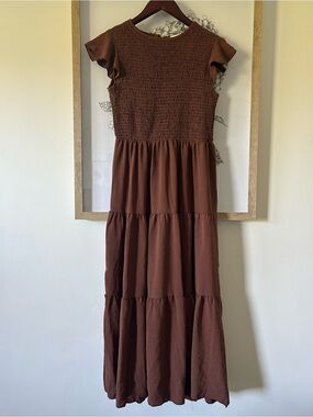 Smocked Tiered Midi Dress in Brown